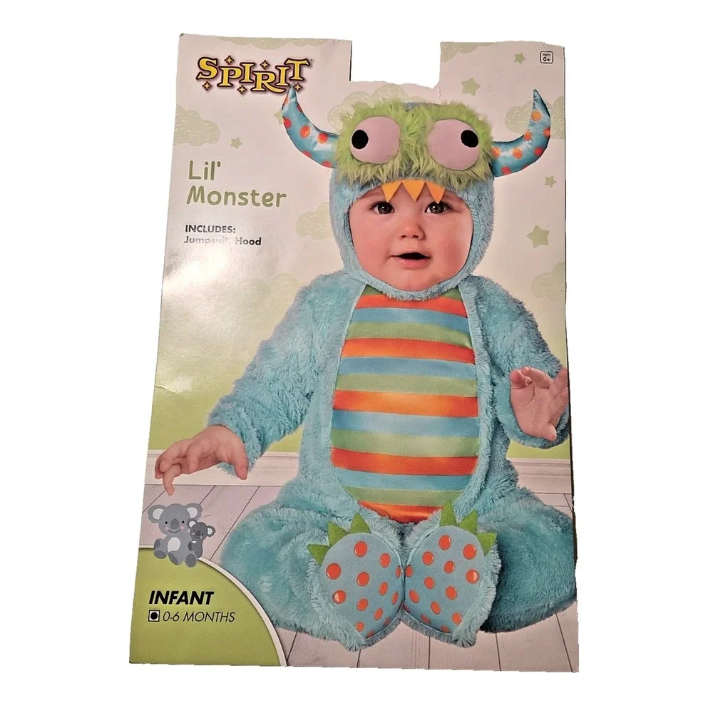 Spirit Halloween Lil Monster Infant Jumpsuit Costume Boys 0-6 Month Blue Hooded - Picture 1 of 9